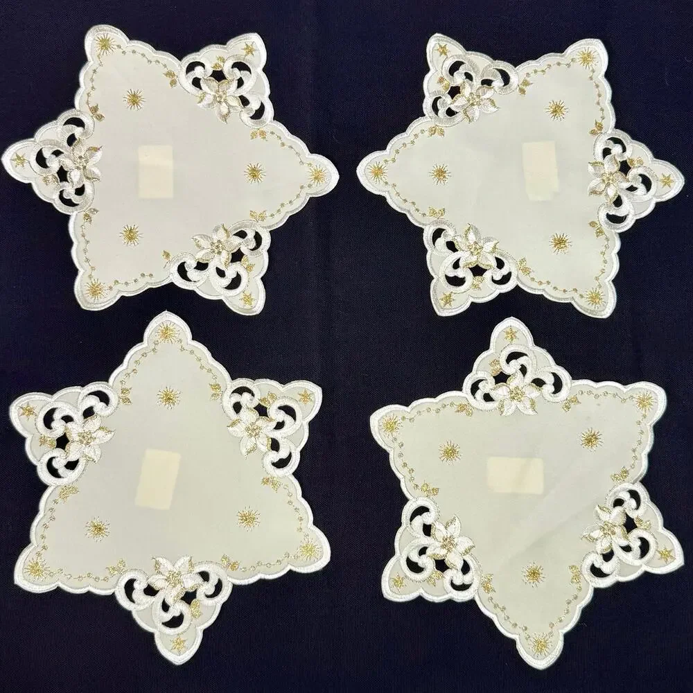 Set 4 German Embroidered Christmas Doilies Star Shaped Gold Thread 9” Table Mats